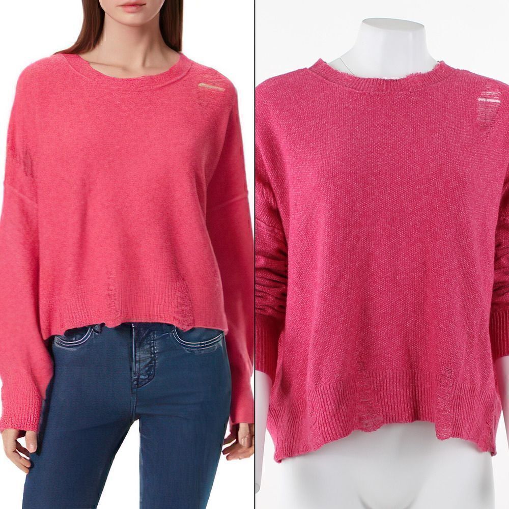 Frayed Denim Gwen Distressed Sweater in Raspberry Rose